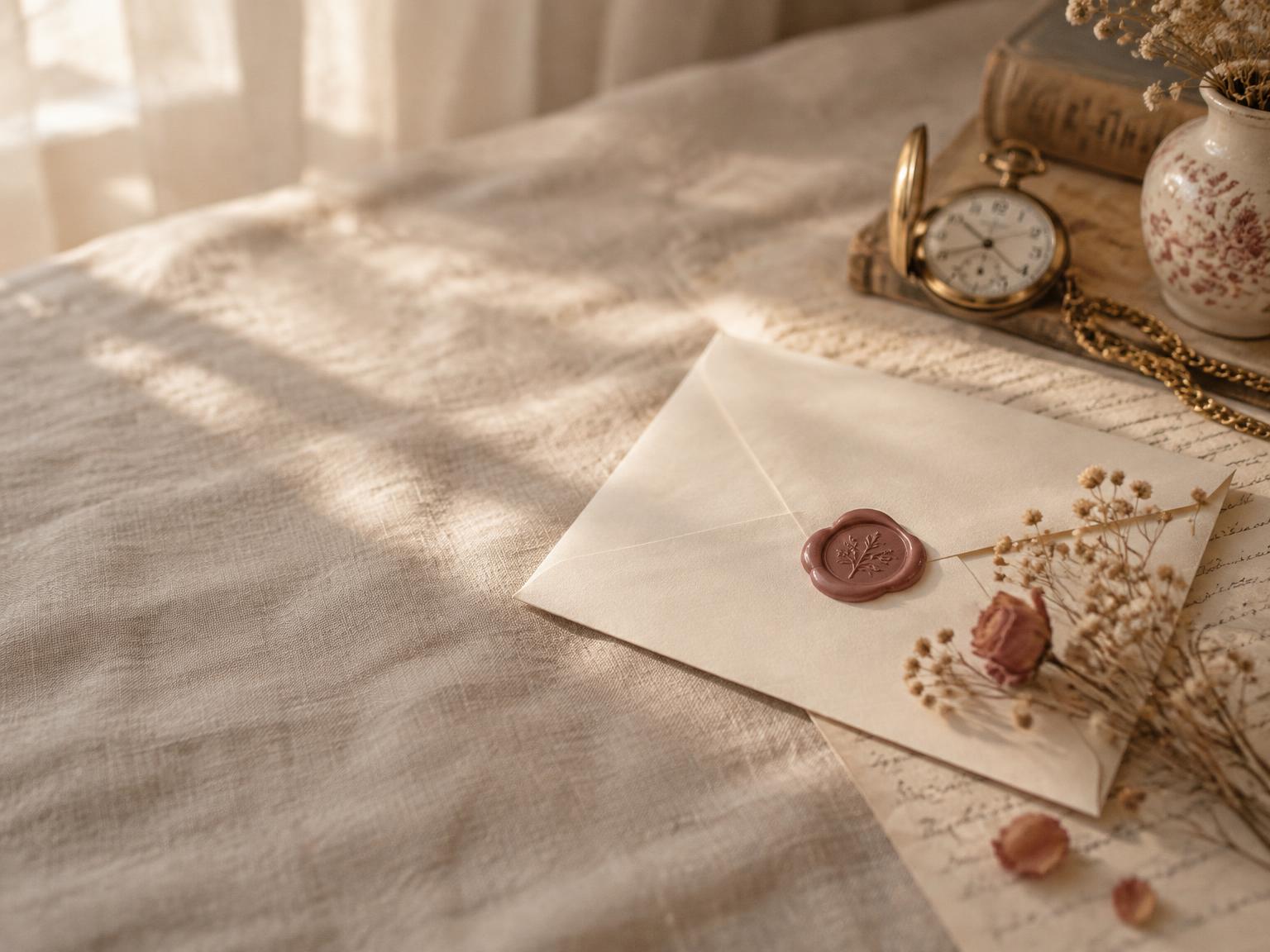 A sealed cream envelope with a rose wax seal beside a gold pocket watch